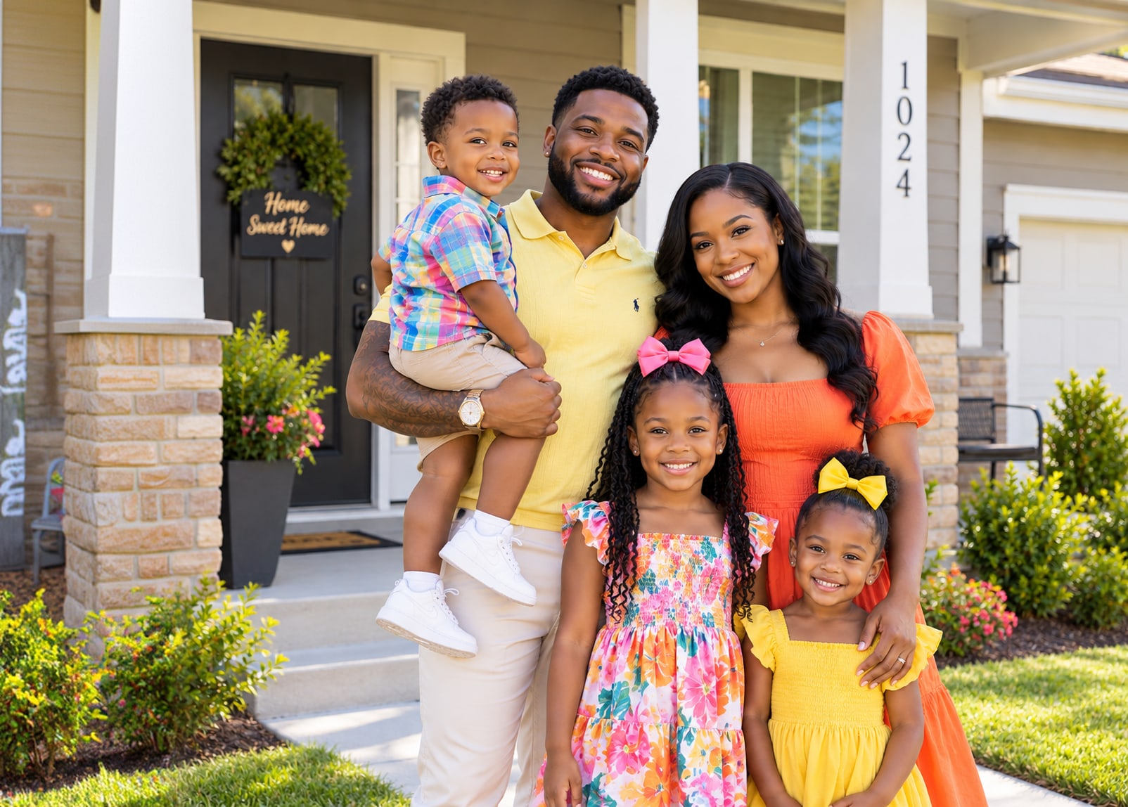 A smiling family standing in front of their home